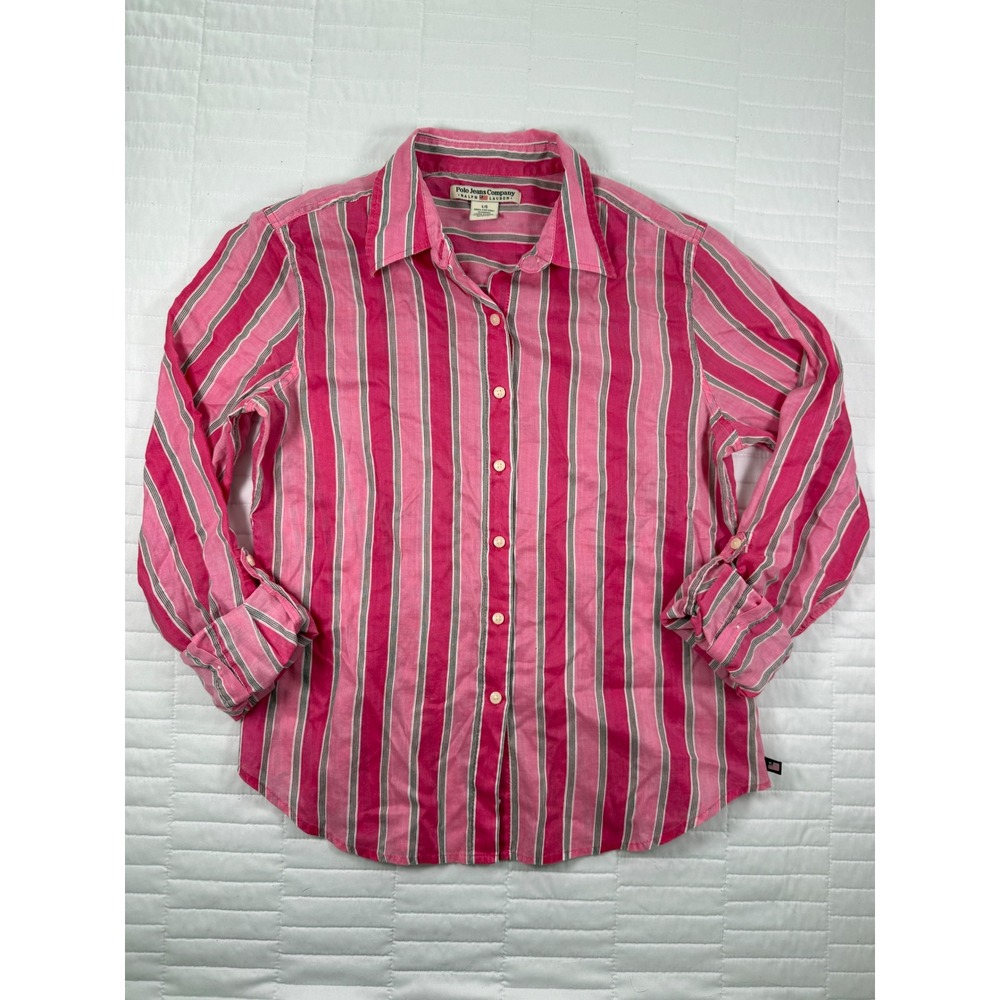 Vintage Ralph Lauren Polo Jeans Co. Pink Striped Button Up Shirt 100% Cotton L
